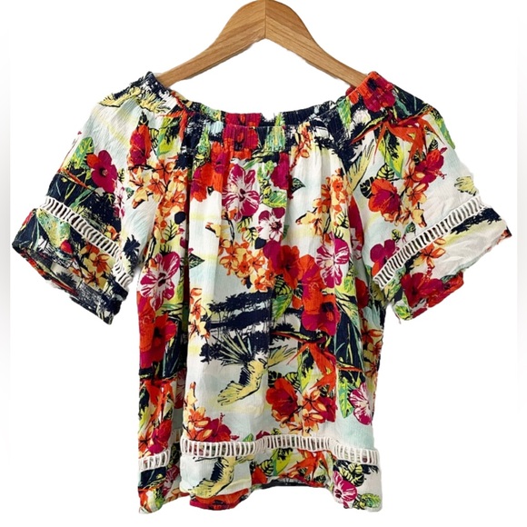 Westbound Petites PM Off Shoulder Floral Tropical Boho Peasant Blouse Top FLAW - Picture 4 of 9